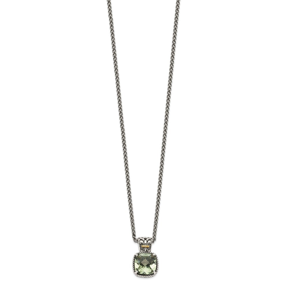 14K/Silver Two Tone Shey Couture Sterling Silver With 14K Accent 18 Inch Antiqued Cushion Green Quartz Necklace