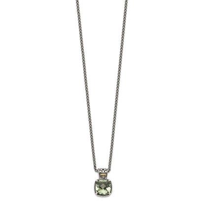 14K/Silver Two Tone Shey Couture Sterling Silver With 14K Accent 18 Inch Antiqued Cushion Green Quartz Necklace