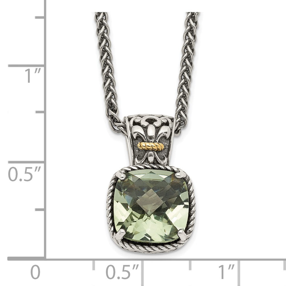 14K/Silver Two Tone Shey Couture Sterling Silver With 14K Accent 18 Inch Antiqued Cushion Green Quartz Necklace