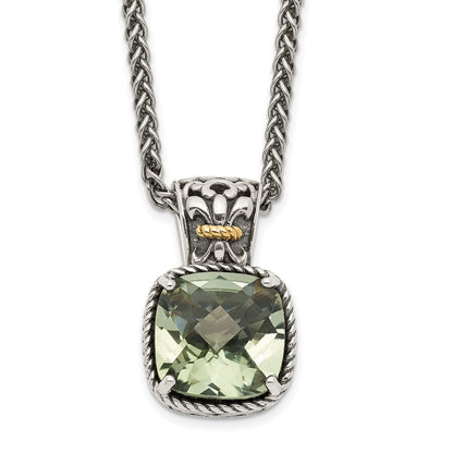 14K/Silver Two Tone Shey Couture Sterling Silver With 14K Accent 18 Inch Antiqued Cushion Green Quartz Necklace