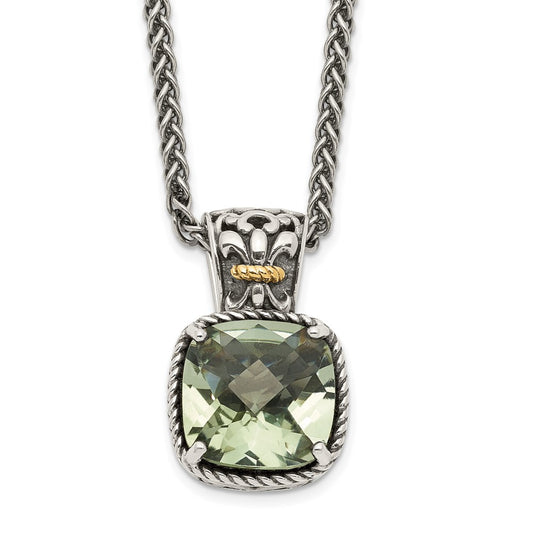 14K/Silver Two Tone Shey Couture Sterling Silver With 14K Accent 18 Inch Antiqued Cushion Green Quartz Necklace