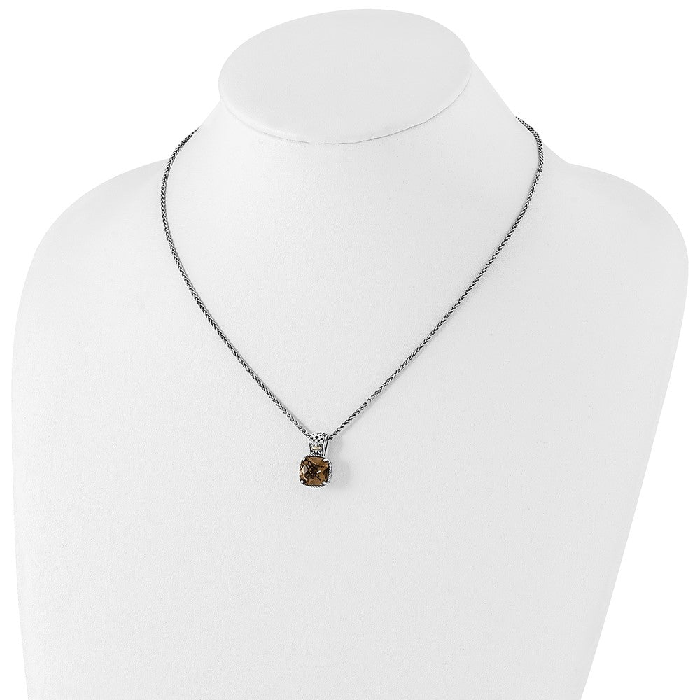 14K/Silver Two Tone Shey Couture Sterling Silver With 14K Accent 18 Inch Antiqued Cushion Checkerboard Smoky Quartz Necklace