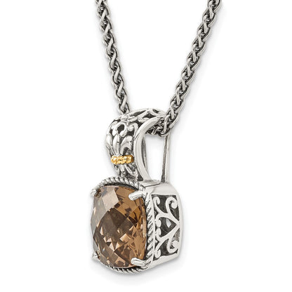 14K/Silver Two Tone Shey Couture Sterling Silver With 14K Accent 18 Inch Antiqued Cushion Checkerboard Smoky Quartz Necklace
