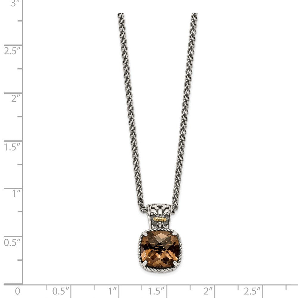14K/Silver Two Tone Shey Couture Sterling Silver With 14K Accent 18 Inch Antiqued Cushion Checkerboard Smoky Quartz Necklace