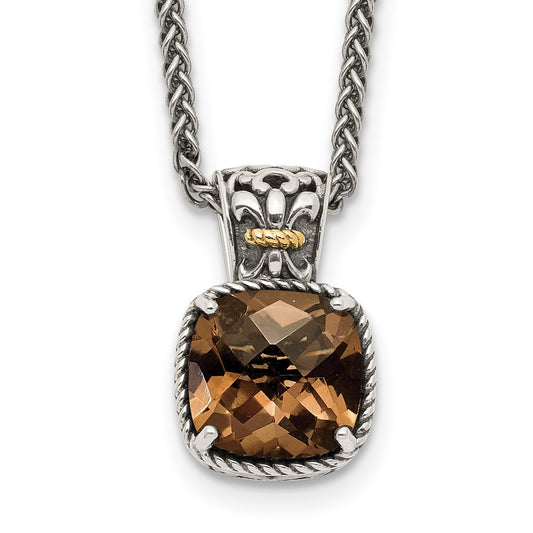 14K/Silver Two Tone Shey Couture Sterling Silver With 14K Accent 18 Inch Antiqued Cushion Checkerboard Smoky Quartz Necklace