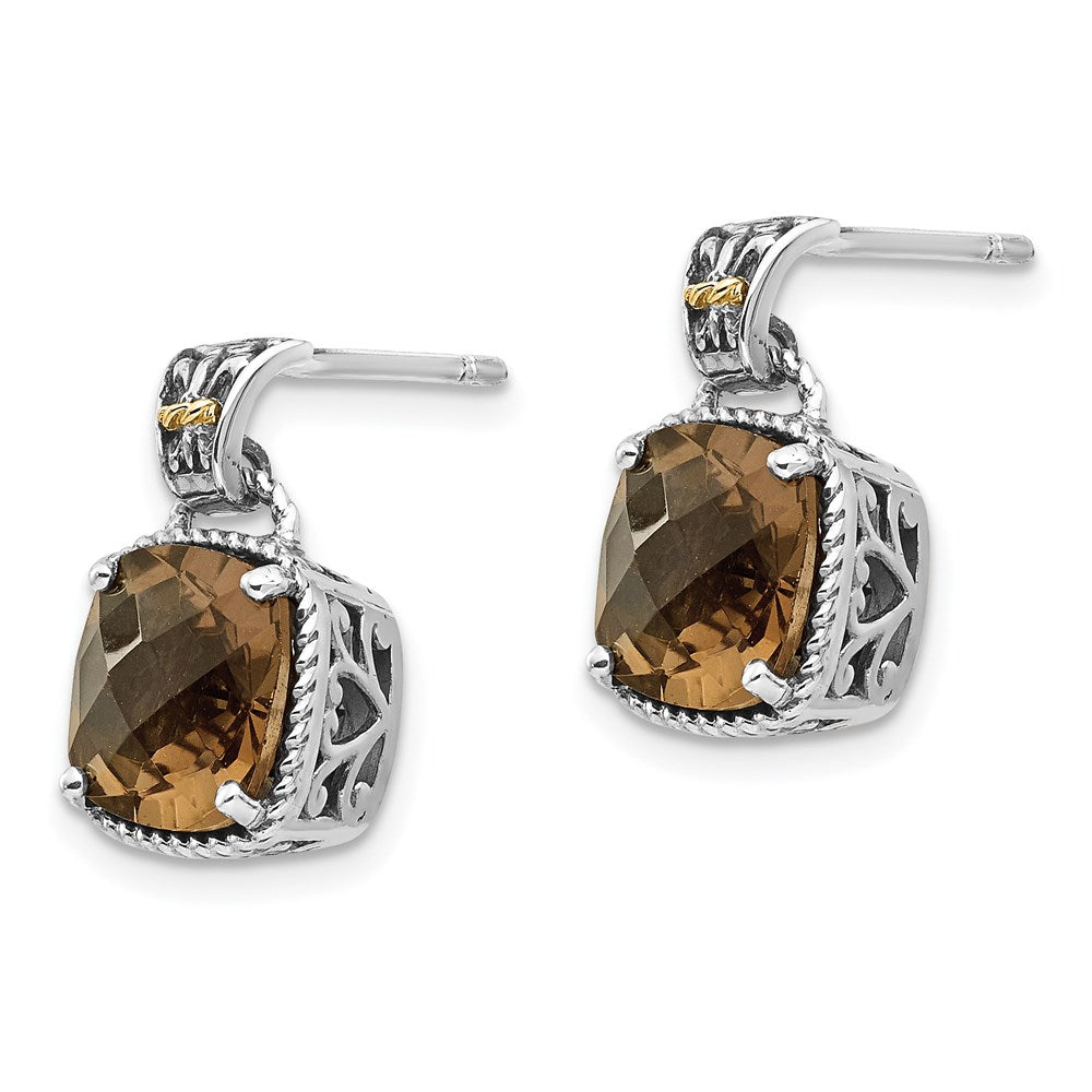 14K/Silver Two Tone Shey Couture Sterling Silver With 14K Accent Antiqued Cushion Smoky Quartz Dangle Post Earrings