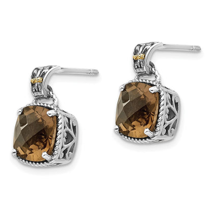 14K/Silver Two Tone Shey Couture Sterling Silver With 14K Accent Antiqued Cushion Smoky Quartz Dangle Post Earrings
