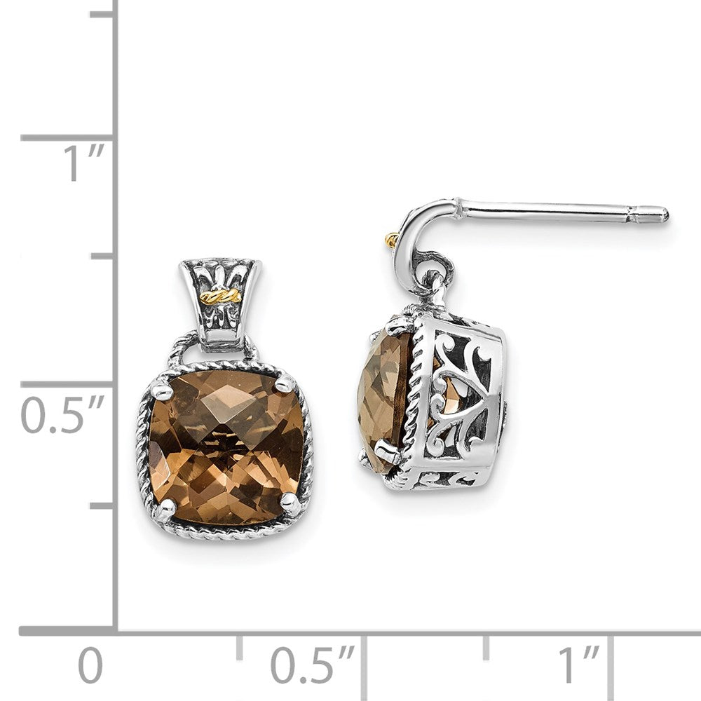 14K/Silver Two Tone Shey Couture Sterling Silver With 14K Accent Antiqued Cushion Smoky Quartz Dangle Post Earrings