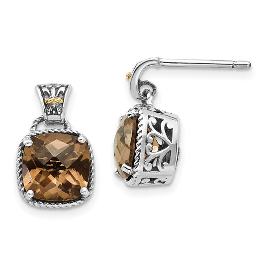 14K/Silver Two Tone Shey Couture Sterling Silver With 14K Accent Antiqued Cushion Smoky Quartz Dangle Post Earrings