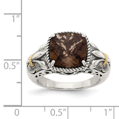 14K/Silver Two Tone Shey Couture Sterling Silver With 14K Accent Antiqued Cushion Smoky Quartz Ring