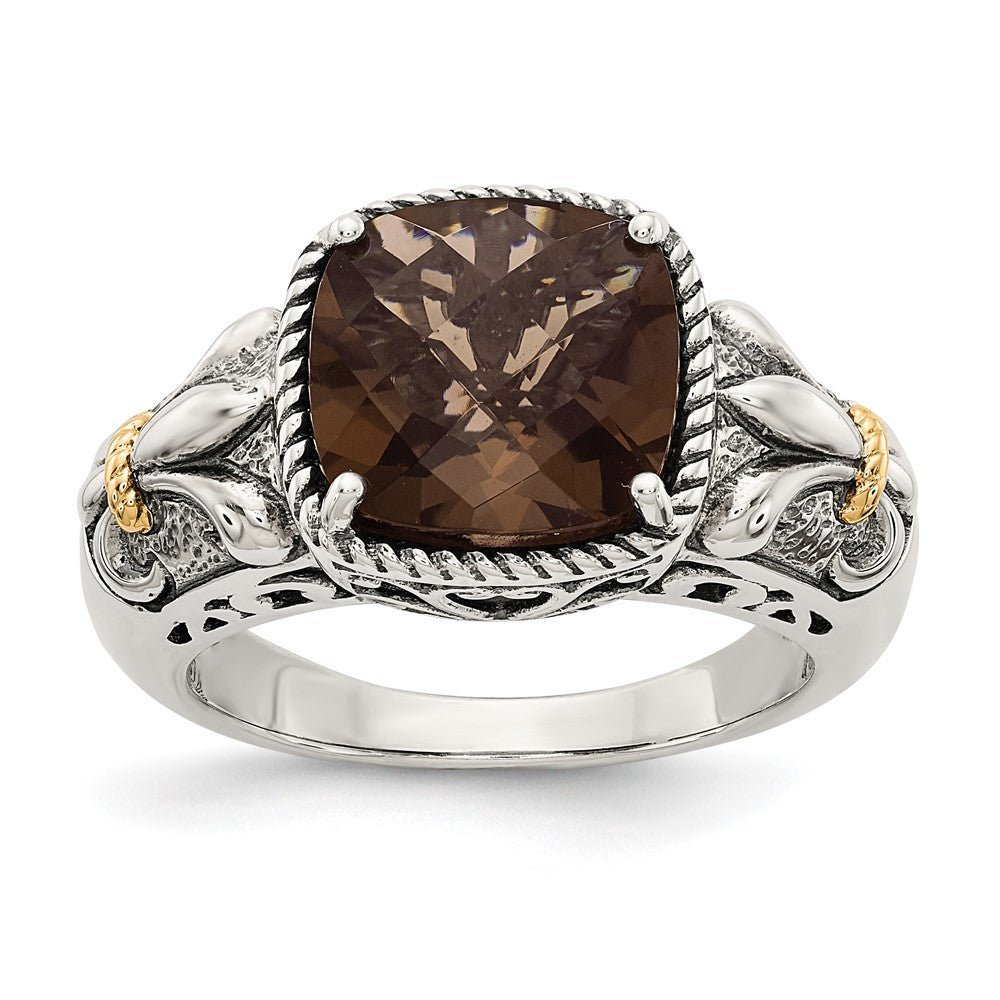 14K/Silver Two Tone Shey Couture Sterling Silver With 14K Accent Antiqued Cushion Smoky Quartz Ring