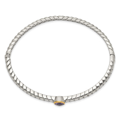 14K/Silver Two Tone Shey Couture Sterling Silver Antiqued With 14K Accent Round Bezel Amethyst Hinged Bangle Bracelet