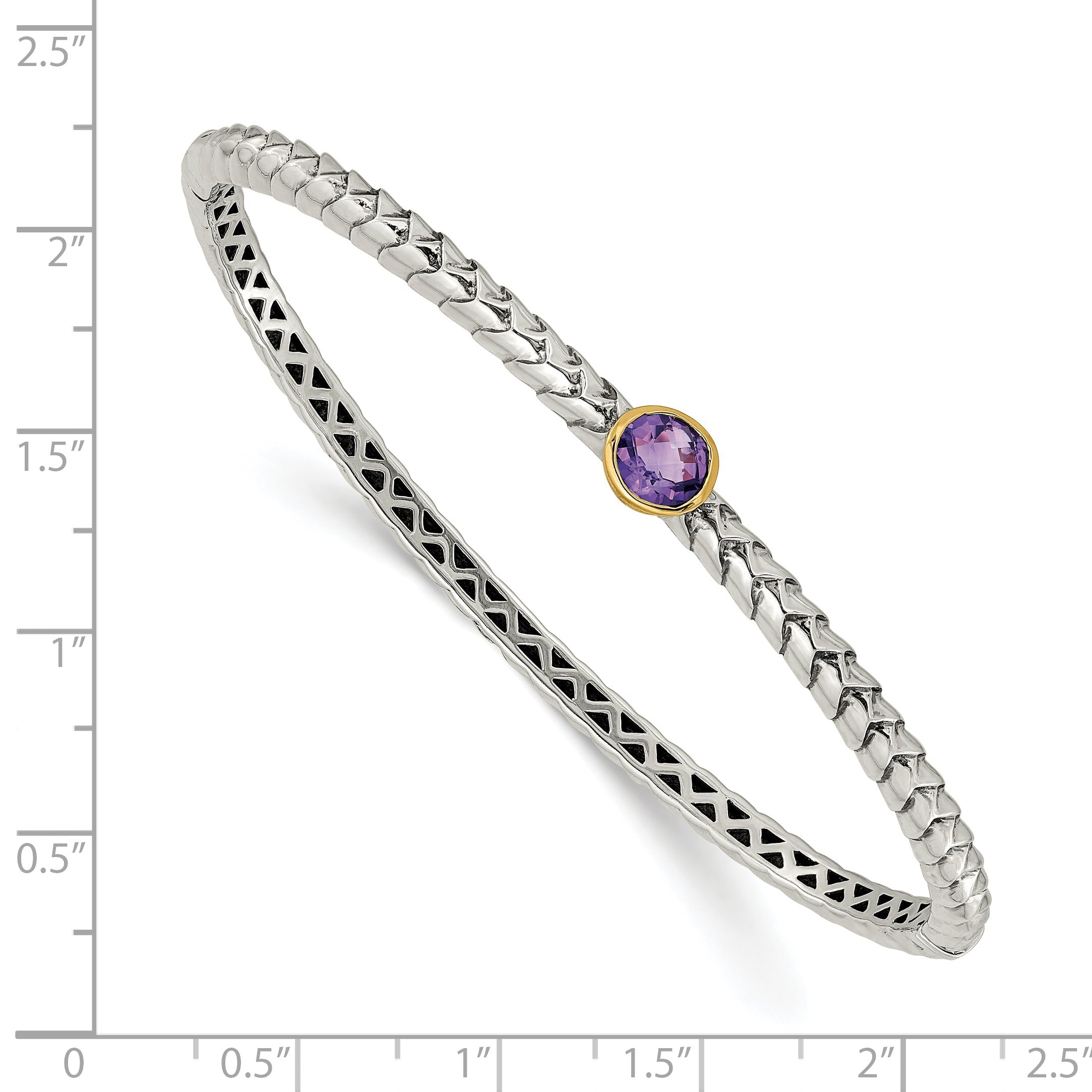 14K/Silver Two Tone Shey Couture Sterling Silver Antiqued With 14K Accent Round Bezel Amethyst Hinged Bangle Bracelet
