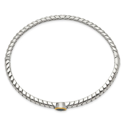 14K/Silver Two Tone Shey Couture Sterling Silver Antiqued With 14K Accent Round Bezel Blue Topaz Bangle Bracelet
