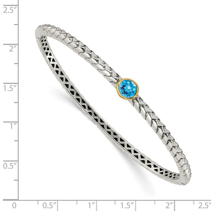 14K/Silver Two Tone Shey Couture Sterling Silver Antiqued With 14K Accent Round Bezel Blue Topaz Bangle Bracelet