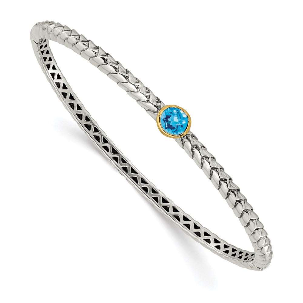 14K/Silver Two Tone Shey Couture Sterling Silver Antiqued With 14K Accent Round Bezel Blue Topaz Bangle Bracelet
