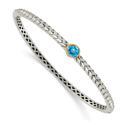 14K/Silver Two Tone Shey Couture Sterling Silver Antiqued With 14K Accent Round Bezel Blue Topaz Bangle Bracelet