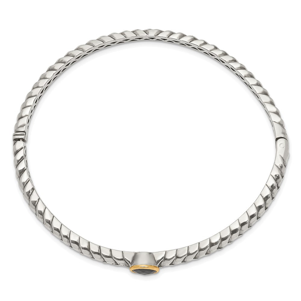 14K/Silver Two Tone Shey Couture Sterling Silver With 14K Accent Antiqued Checkerboard Cut Black Onyx Hinged Bangle Bracelet