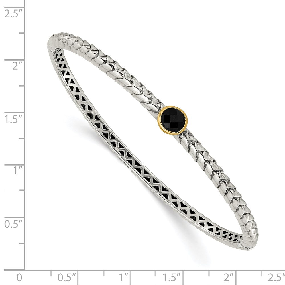 14K/Silver Two Tone Shey Couture Sterling Silver With 14K Accent Antiqued Checkerboard Cut Black Onyx Hinged Bangle Bracelet