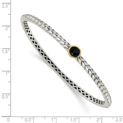14K/Silver Two Tone Shey Couture Sterling Silver With 14K Accent Antiqued Checkerboard Cut Black Onyx Hinged Bangle Bracelet