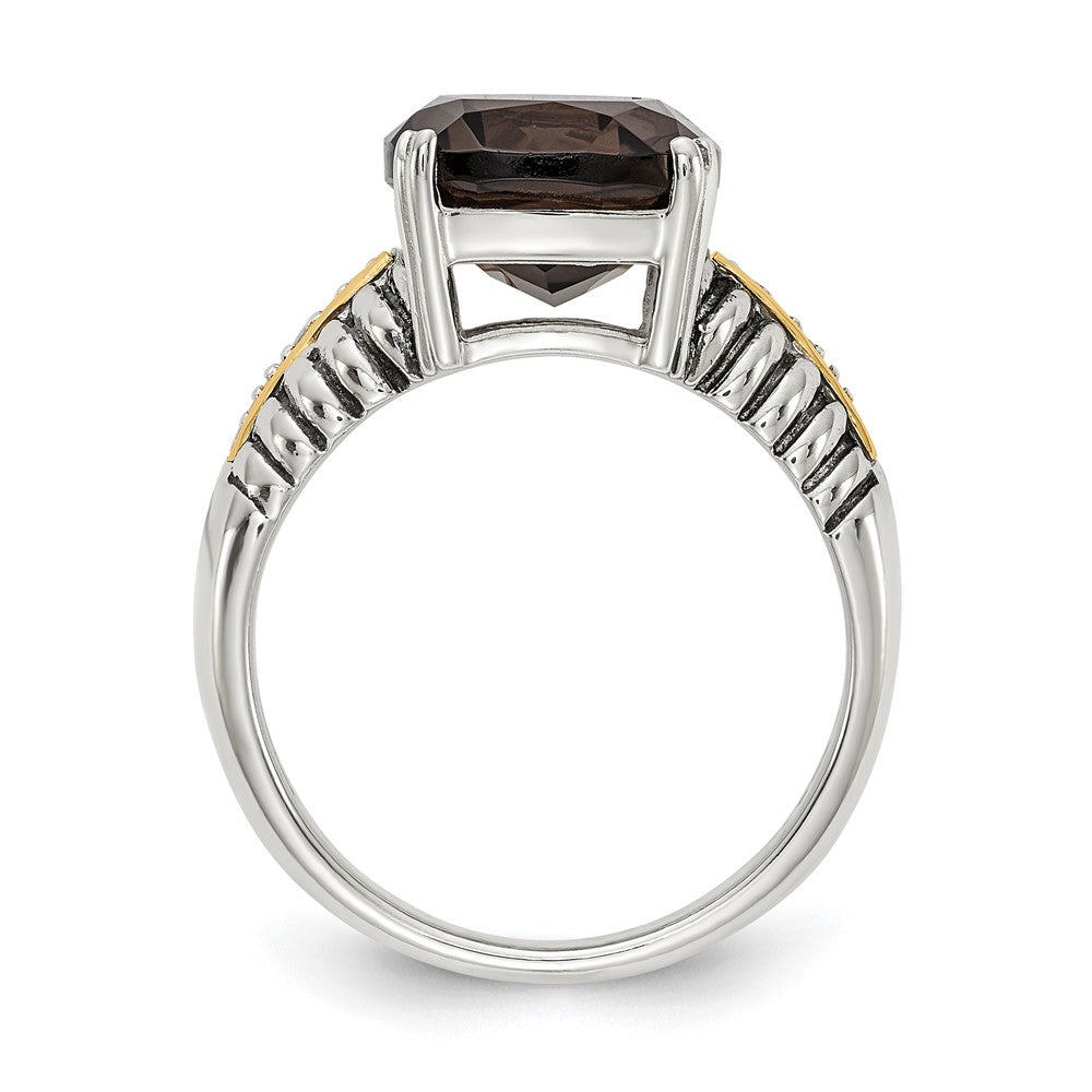14K/Silver Two Tone Shey Couture Sterling Silver With 14K Accent Antiqued Cushion Smoky Quartz And Diamond Ring