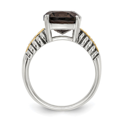 14K/Silver Two Tone Shey Couture Sterling Silver With 14K Accent Antiqued Cushion Smoky Quartz And Diamond Ring