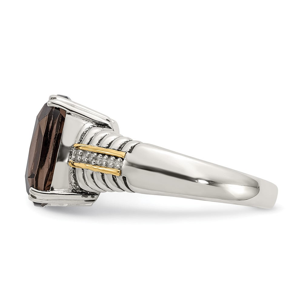 14K/Silver Two Tone Shey Couture Sterling Silver With 14K Accent Antiqued Cushion Smoky Quartz And Diamond Ring