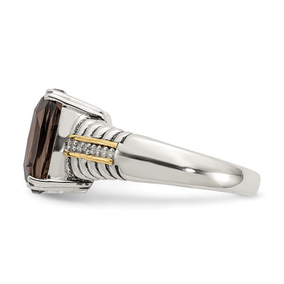 14K/Silver Two Tone Shey Couture Sterling Silver With 14K Accent Antiqued Cushion Smoky Quartz And Diamond Ring