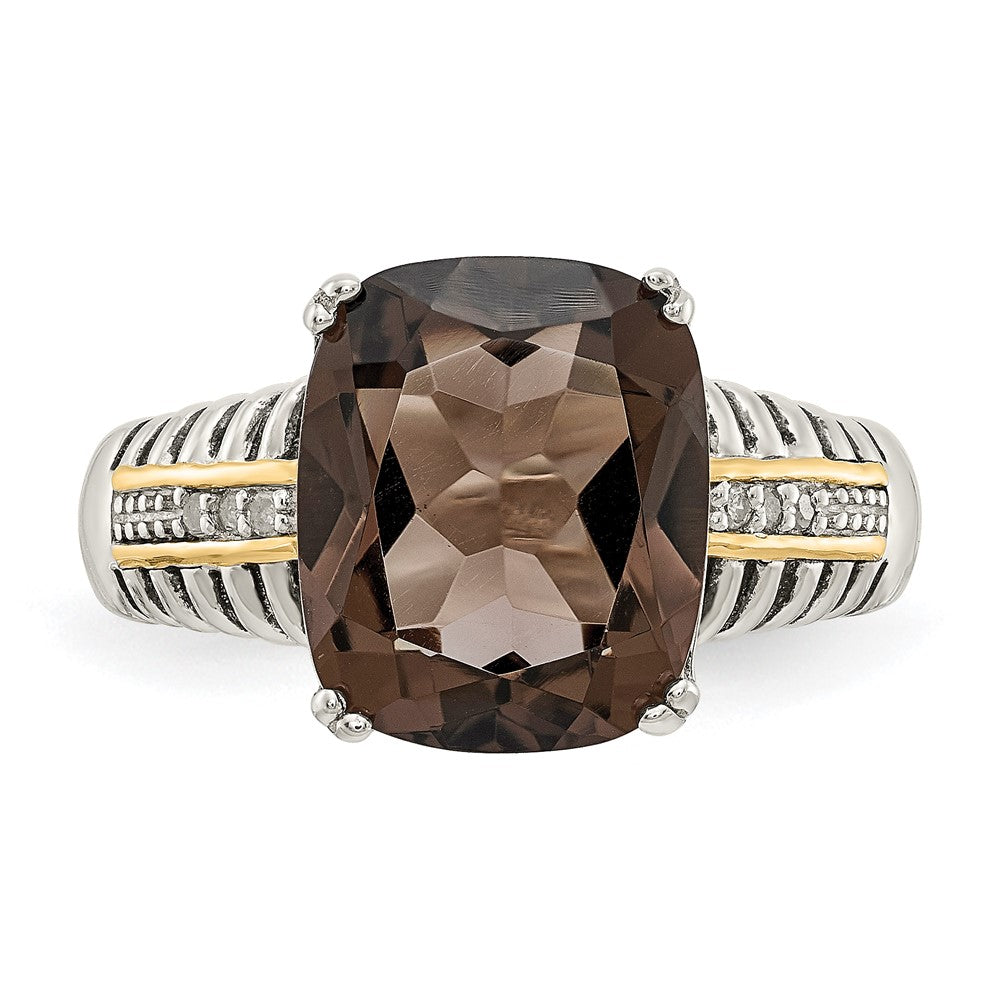 14K/Silver Two Tone Shey Couture Sterling Silver With 14K Accent Antiqued Cushion Smoky Quartz And Diamond Ring