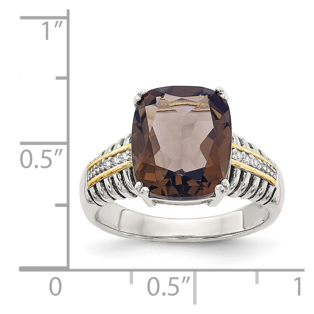 14K/Silver Two Tone Shey Couture Sterling Silver With 14K Accent Antiqued Cushion Smoky Quartz And Diamond Ring