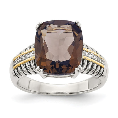 14K/Silver Two Tone Shey Couture Sterling Silver With 14K Accent Antiqued Cushion Smoky Quartz And Diamond Ring