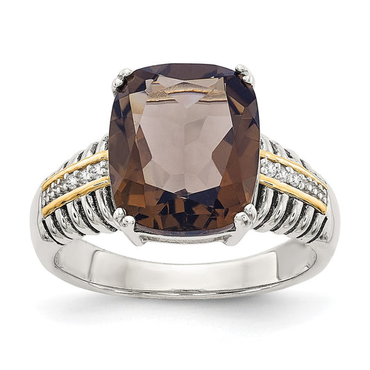 14K/Silver Two Tone Shey Couture Sterling Silver With 14K Accent Antiqued Cushion Smoky Quartz And Diamond Ring