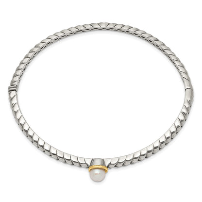 14K/Silver Two Tone Shey Couture Sterling Silver With 14K Accent 6mm Fw Cultured Pearl Hinged Bangle Bracelet