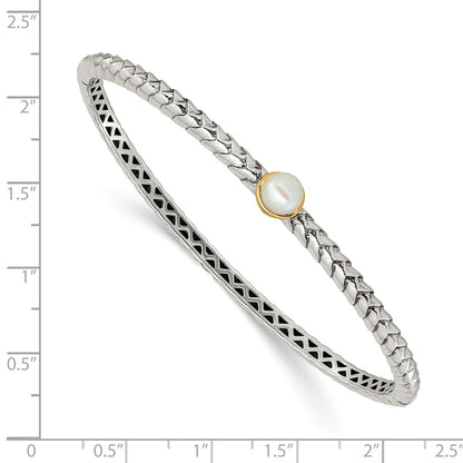 14K/Silver Two Tone Shey Couture Sterling Silver With 14K Accent 6mm Fw Cultured Pearl Hinged Bangle Bracelet