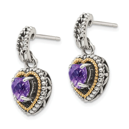 14K/Silver Two Tone Shey Couture Sterling Silver With 14K Accent Antiqued Amethyst Heart Post Dangle Earrings