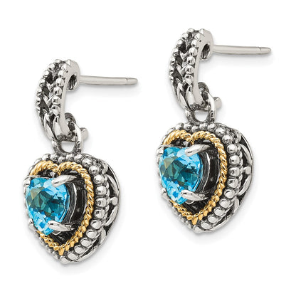 14K/Silver Two Tone Shey Couture Sterling Silver With 14K Accent Antiqued Blue Topaz Heart Post Dangle Earrings