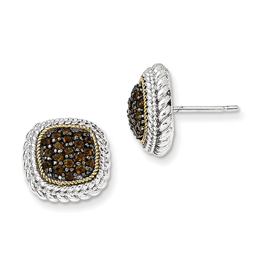 14K/Silver Two Tone Sterling Silver 14K And Black Rhodium Smoky Quartz Post Earrings