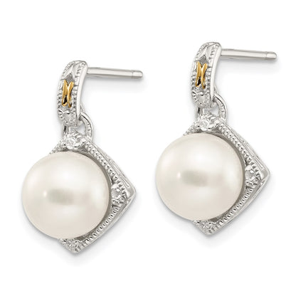 14K/Silver Two Tone Shey Couture Sterling Silver Rhodium Plated With 14K Accent 7.5 8mm Freshwater Cultured Pearl And Diamond Dangle Post Earrings