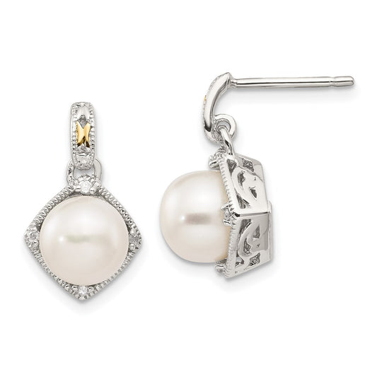 14K/Silver Two Tone Shey Couture Sterling Silver Rhodium Plated With 14K Accent 7.5 8mm Freshwater Cultured Pearl And Diamond Dangle Post Earrings