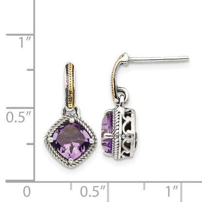 14K/Silver Two Tone Shey Couture Sterling Silver With 14K Accent Antiqued Cushion Amethyst Post Dangle Earrings