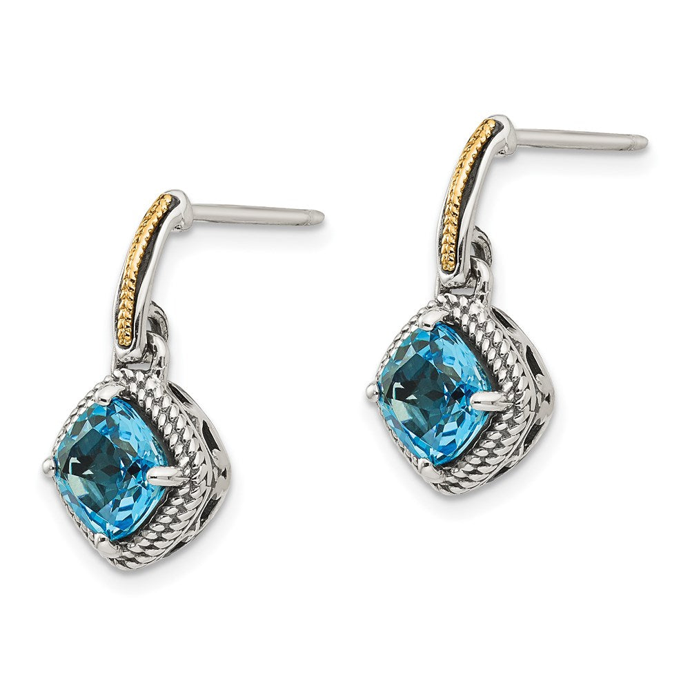 14K/Silver Two Tone Shey Couture Sterling Silver With 14K Accent Antiqued Cushion Light Swiss Blue Topaz Post Dangle Earrings