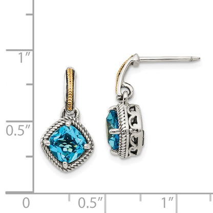 14K/Silver Two Tone Shey Couture Sterling Silver With 14K Accent Antiqued Cushion Light Swiss Blue Topaz Post Dangle Earrings