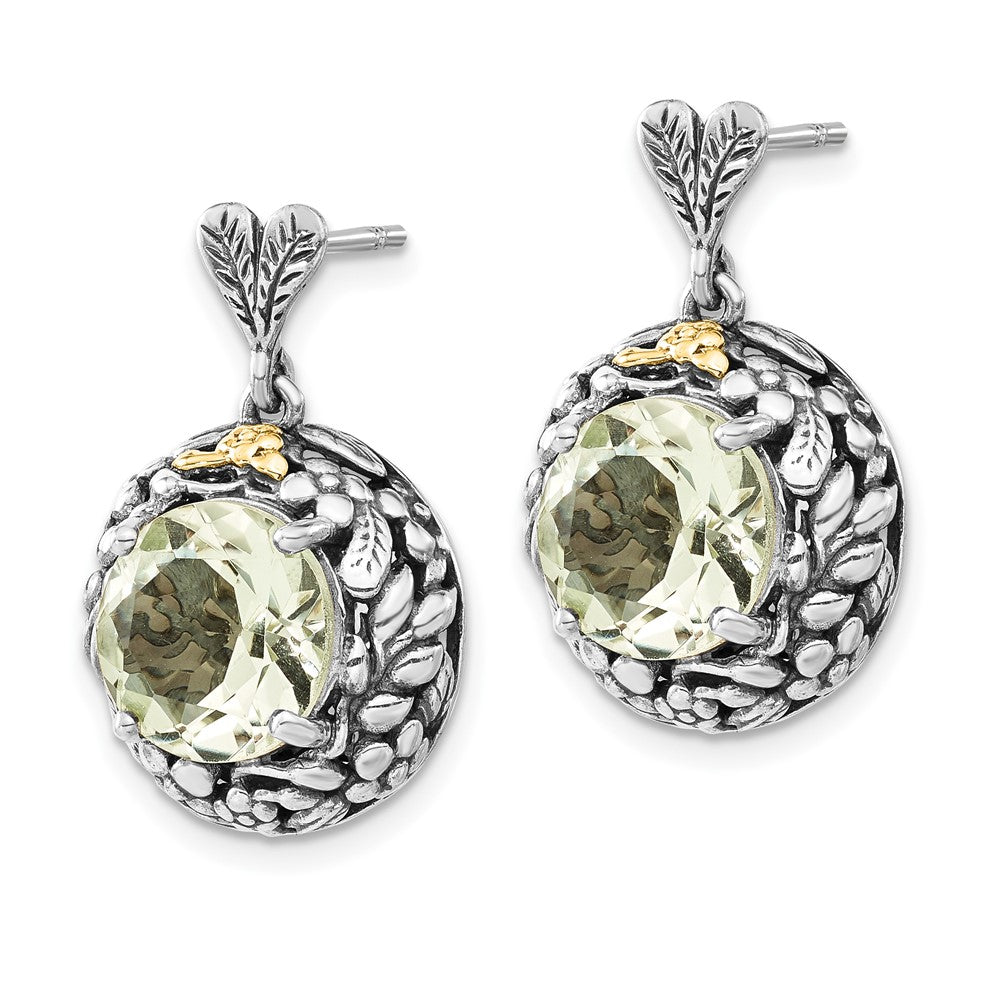 14K/Silver Two Tone Sterling Silver 14K Polished & Antiqued Green Quartz Post Dangle Earrings