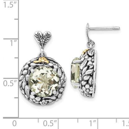 14K/Silver Two Tone Sterling Silver 14K Polished & Antiqued Green Quartz Post Dangle Earrings