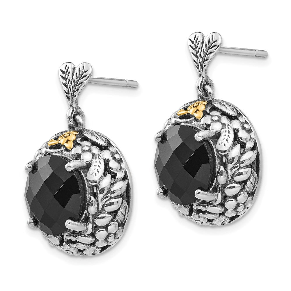 14K/Silver Two Tone Shey Couture Sterling Silver With 14K Accent Antiqued Checkerboard Cut Black Onyx Post Dangle Earrings
