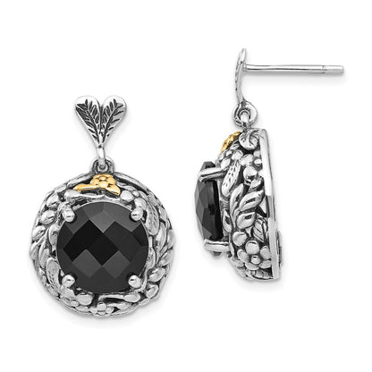14K/Silver Two Tone Shey Couture Sterling Silver With 14K Accent Antiqued Checkerboard Cut Black Onyx Post Dangle Earrings