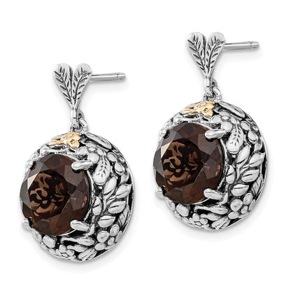 14K/Silver Two Tone Sterling Silver 14K Polished & Antiqued Smoky Quartz Post Dangle Earrings