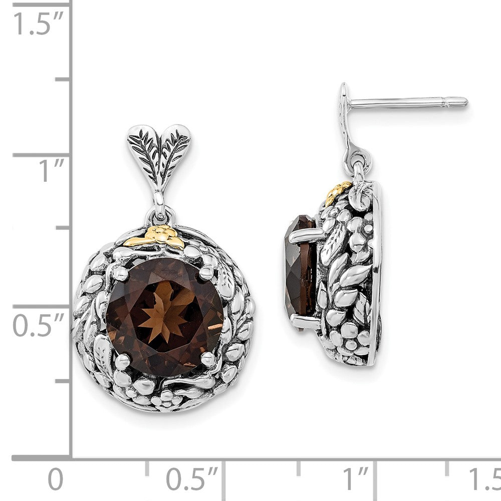 14K/Silver Two Tone Sterling Silver 14K Polished & Antiqued Smoky Quartz Post Dangle Earrings
