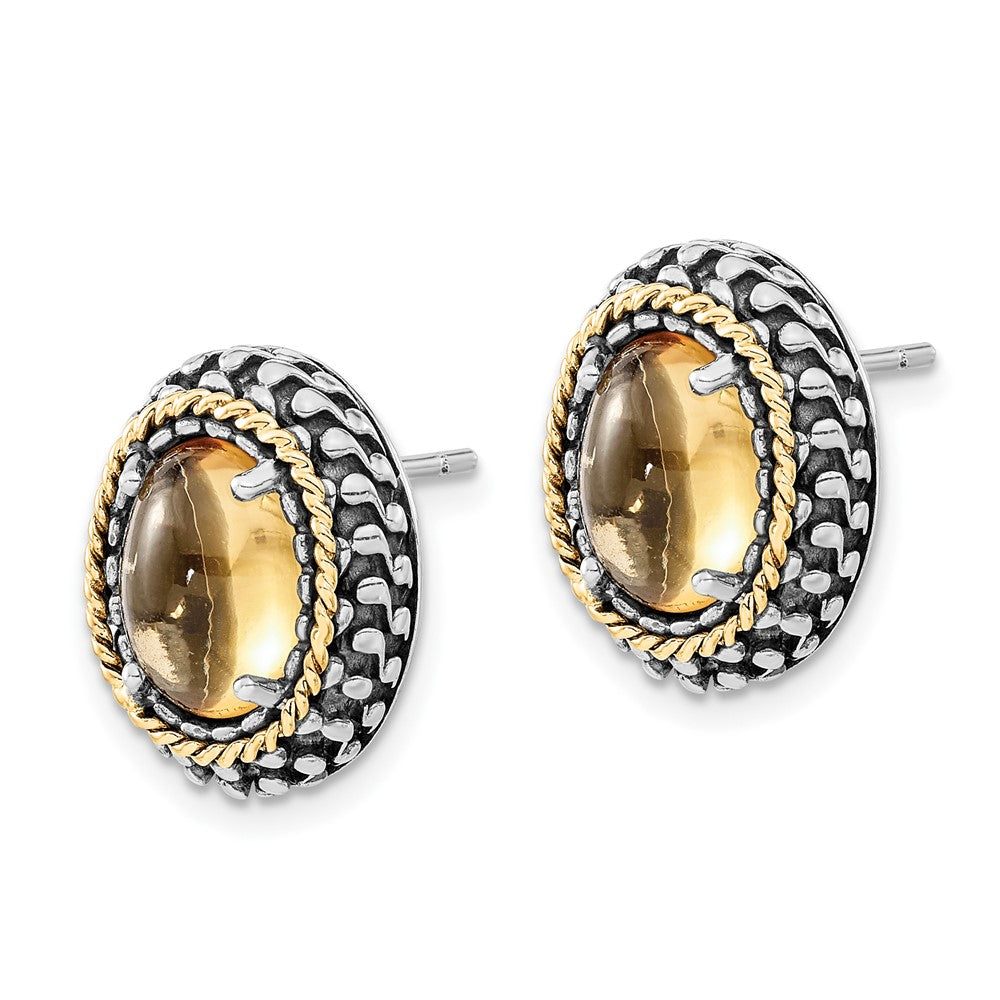 14K/Silver Two Tone Sterling Silver 14K Polished & Antiqued Oval Citrine Post Earrings