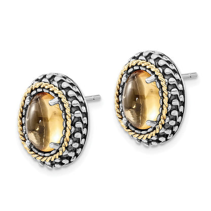 14K/Silver Two Tone Sterling Silver 14K Polished & Antiqued Oval Citrine Post Earrings